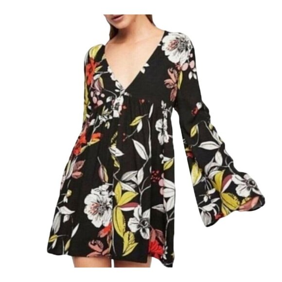 Free People Bella Floral Mini Tunic Dress Size Xsmall Boho Flare Sleeves - Picture 1 of 13